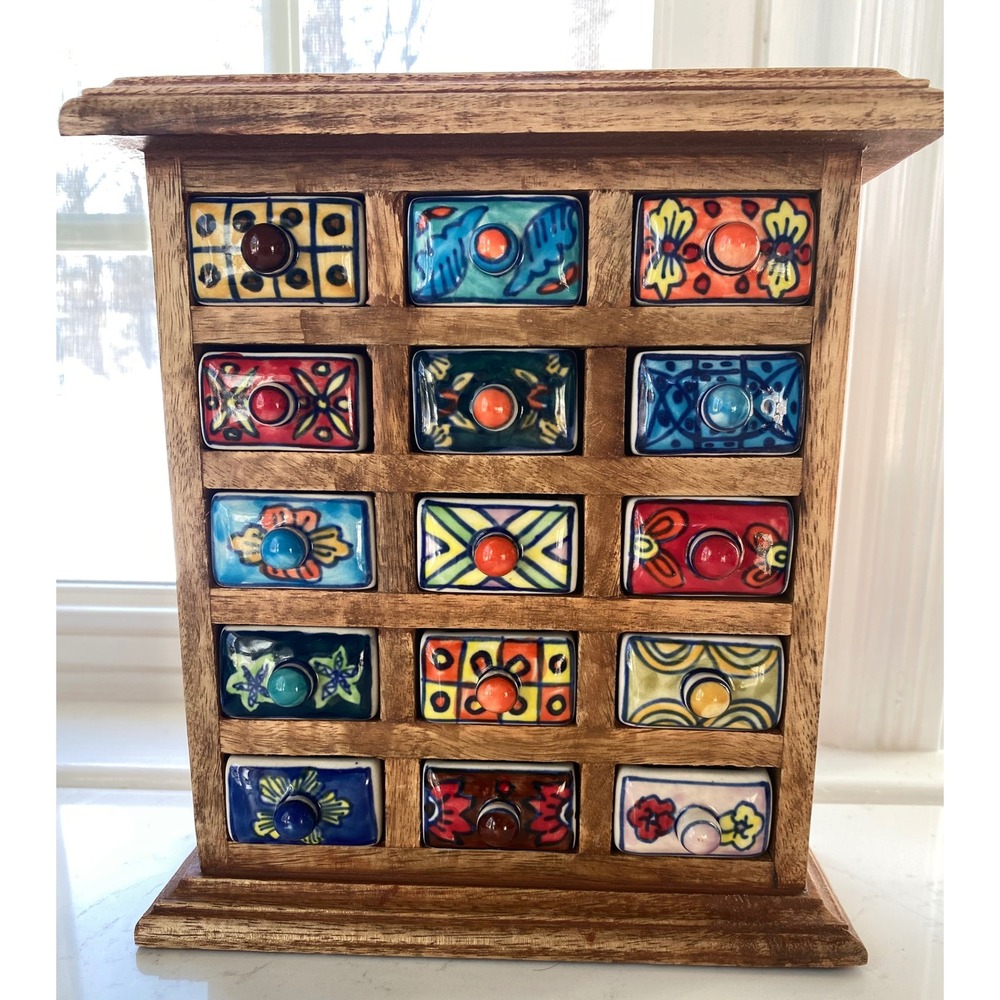 Vintage Apothecary Jewelry Box Wood Ceramic Hand-painted 15 Drawers Multicolor